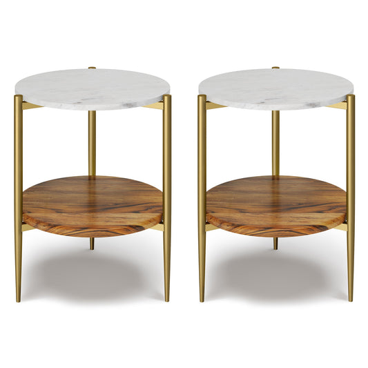 White/Natural | Wagner 18 inch Round Marble & Wood Side Table (Set of 2)