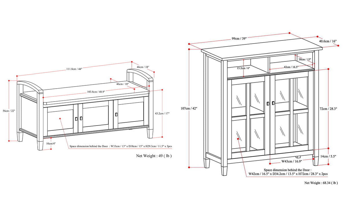 Brunette Brown | Warm Shaker 44-inch Storage Bench and 39-inch Cabinet