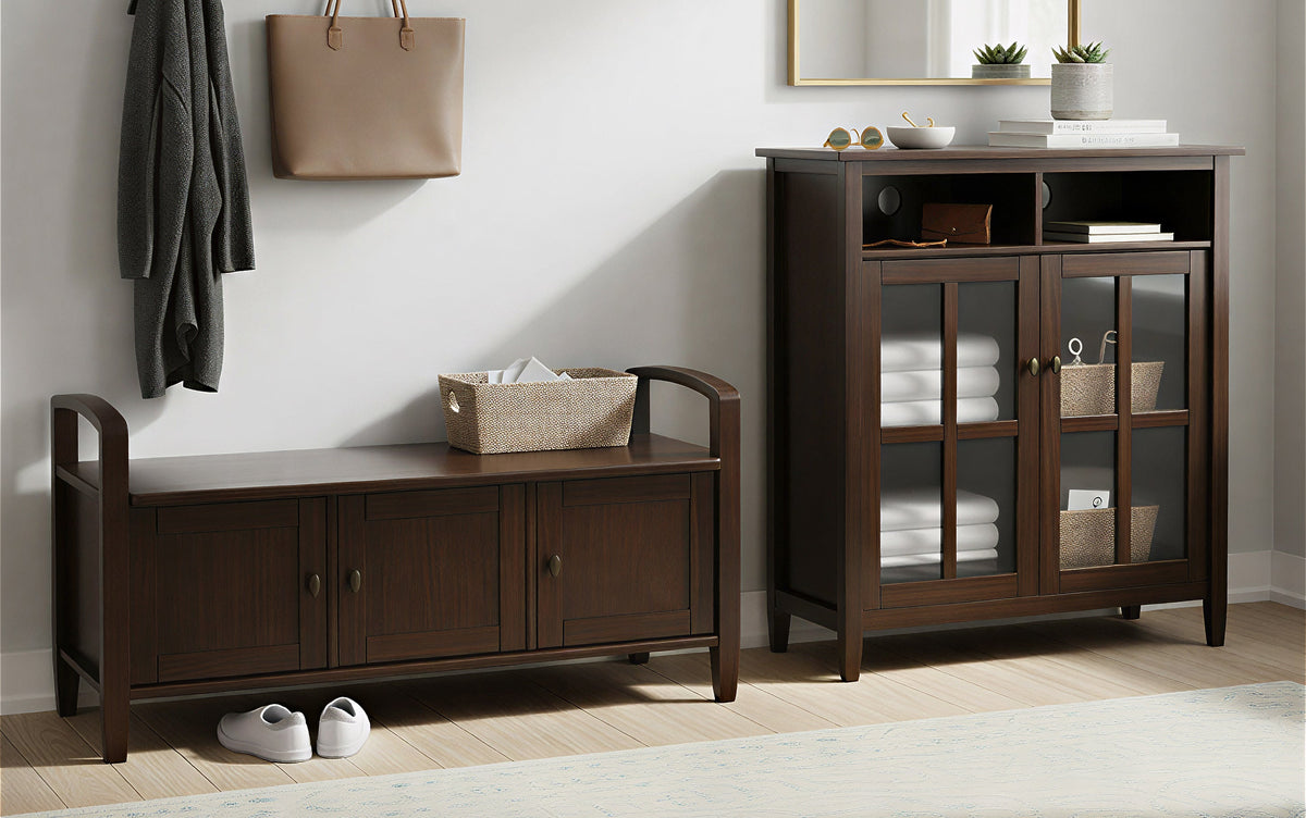 Brunette Brown | Warm Shaker 44-inch Storage Bench and 39-inch Cabinet