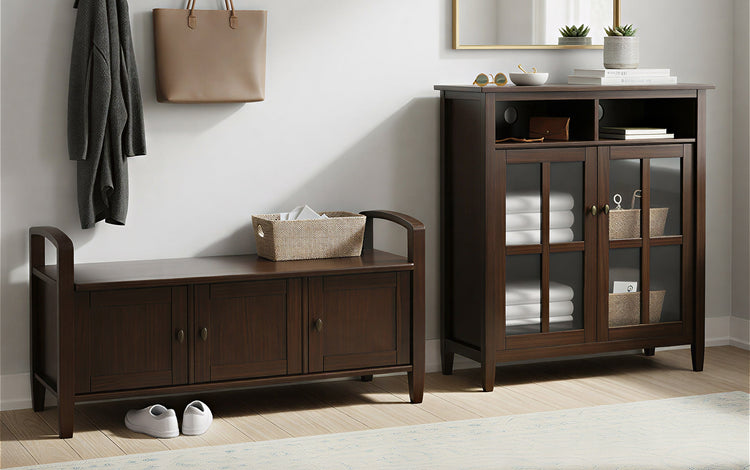 Brunette Brown | Warm Shaker 44-inch Storage Bench and 39-inch Cabinet