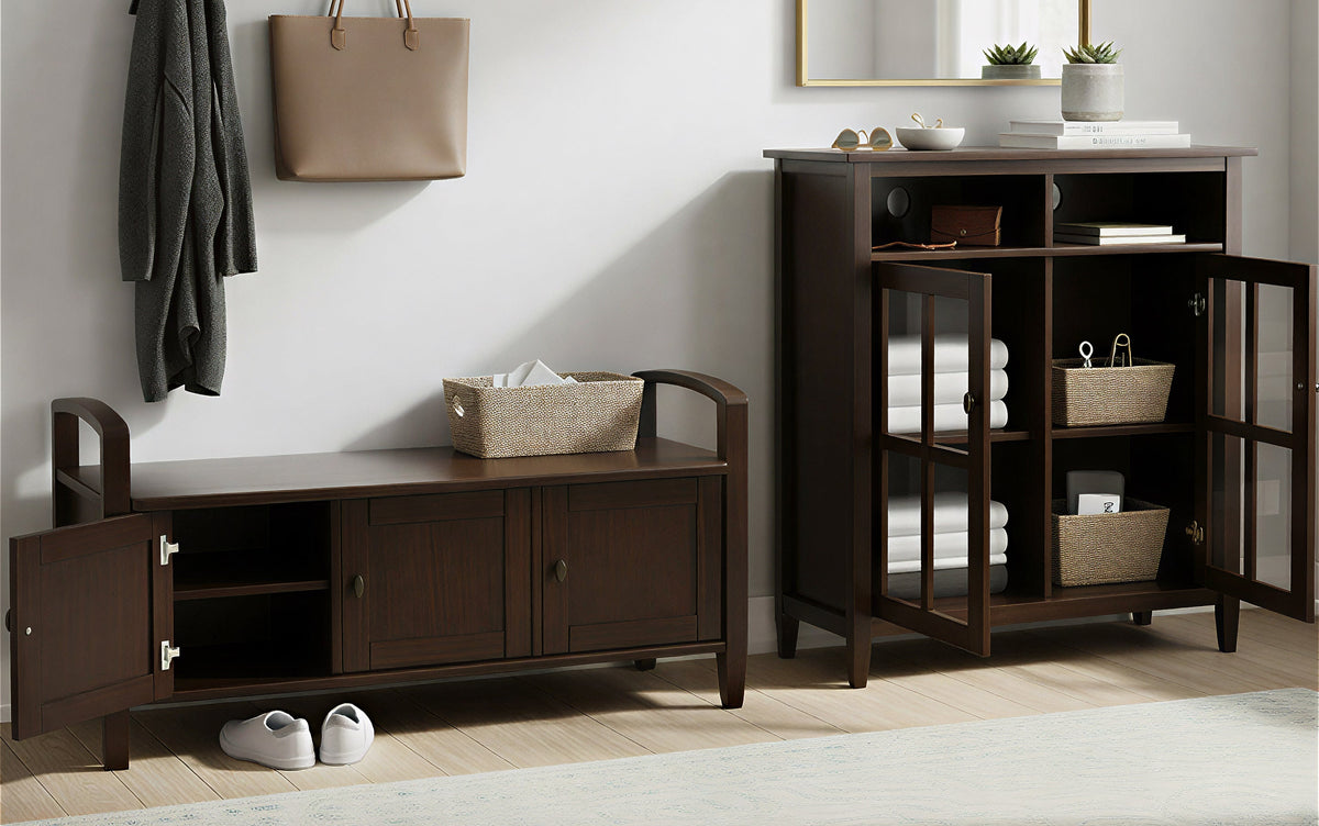 Brunette Brown | Warm Shaker 44-inch Storage Bench and 39-inch Cabinet