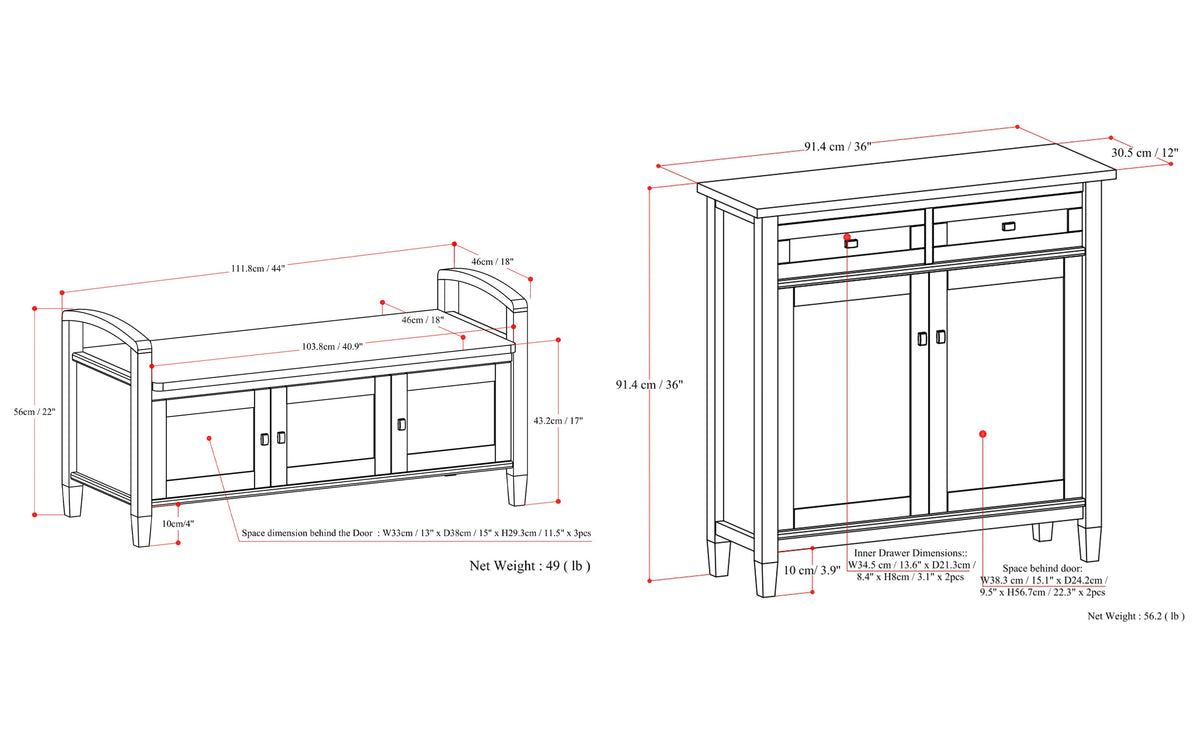 Light Golden Brown | Warm Shaker 44-inch Storage Bench and 36-inch Cabinet