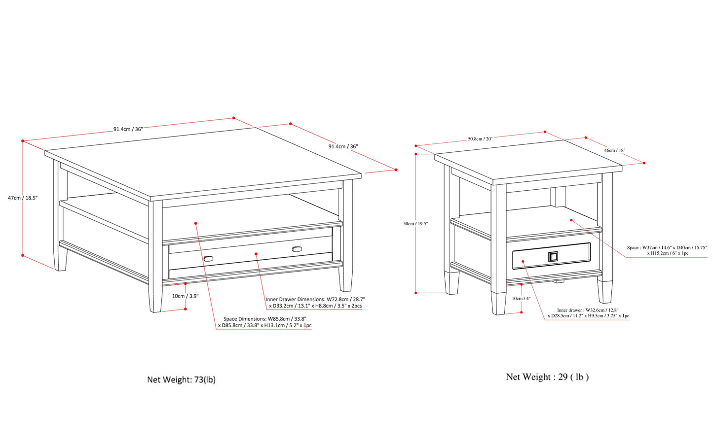 Brunette Brown | Warm Shaker 36 inch Coffee Table with 20 inch End Tables (Set of 3)