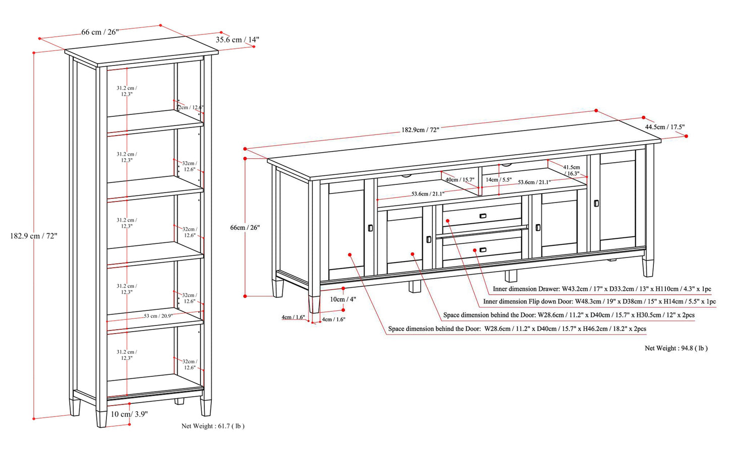 Brunette Brown | Warm Shaker 72W TV Stand with Set of Two 26W 5 Shelf Bookcases