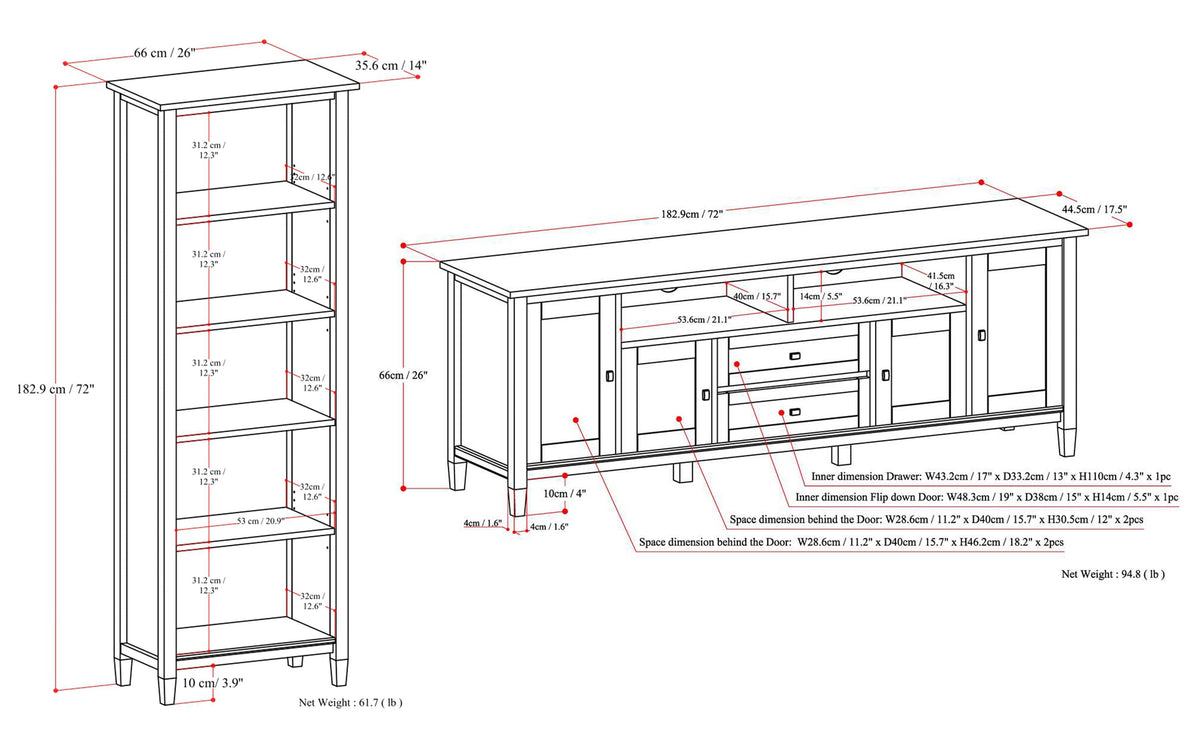 Brunette Brown | Warm Shaker 72W TV Stand with Set of Two 26W 5 Shelf Bookcases