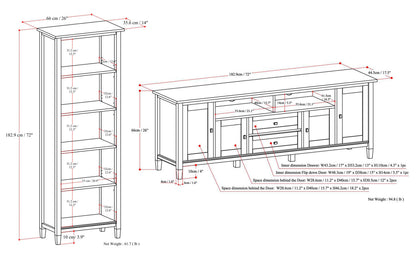 Brunette Brown | Warm Shaker 72W TV Stand with Set of Two 26W 5 Shelf Bookcases