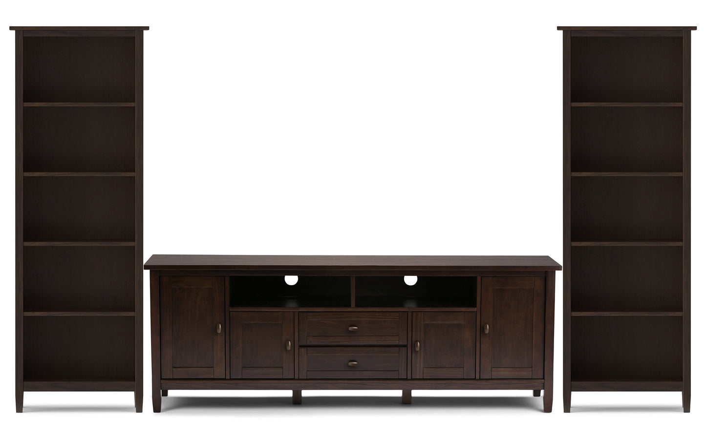 Brunette Brown | Warm Shaker 72W TV Stand with Set of Two 26W 5 Shelf Bookcases