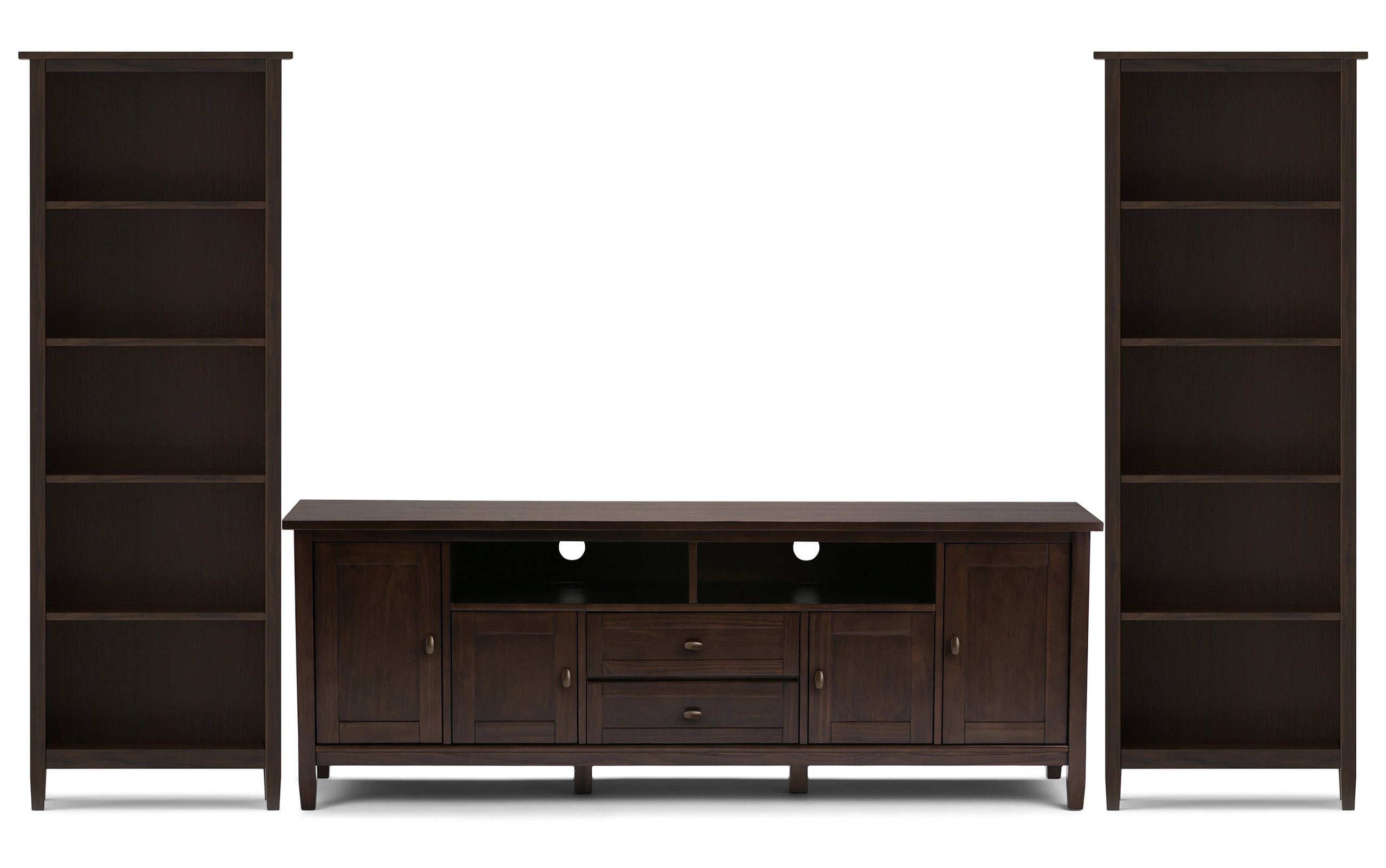 Brunette Brown | Warm Shaker 72W TV Stand with Set of Two 26W 5 Shelf Bookcases