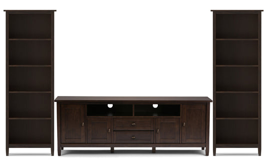 Brunette Brown | Warm Shaker 72W TV Stand with Set of Two 26W 5 Shelf Bookcases