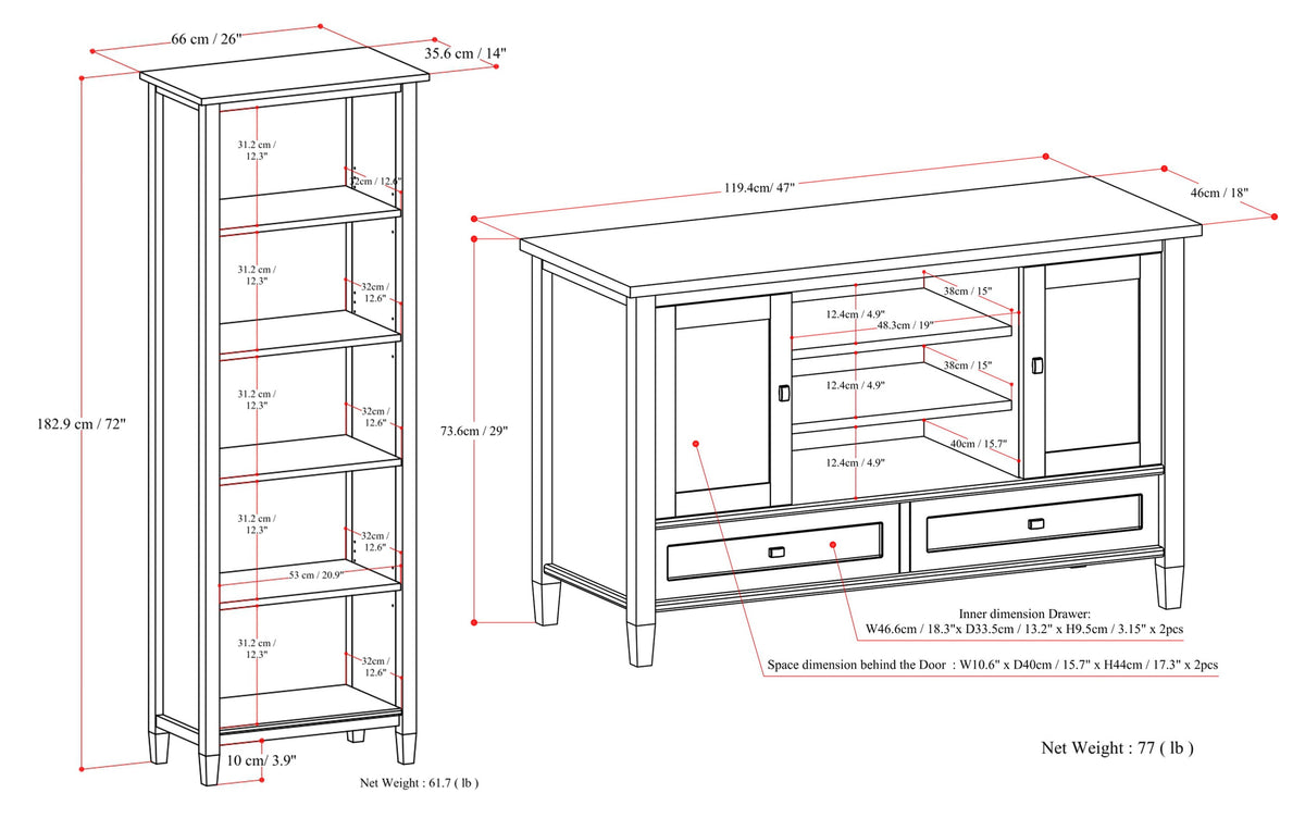 Light Golden Brown | Warm Shaker 47W Tall TV Stand with Set of Two 26W 5 Shelf Bookcases