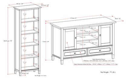 Light Golden Brown | Warm Shaker 47W Tall TV Stand with Set of Two 26W 5 Shelf Bookcases