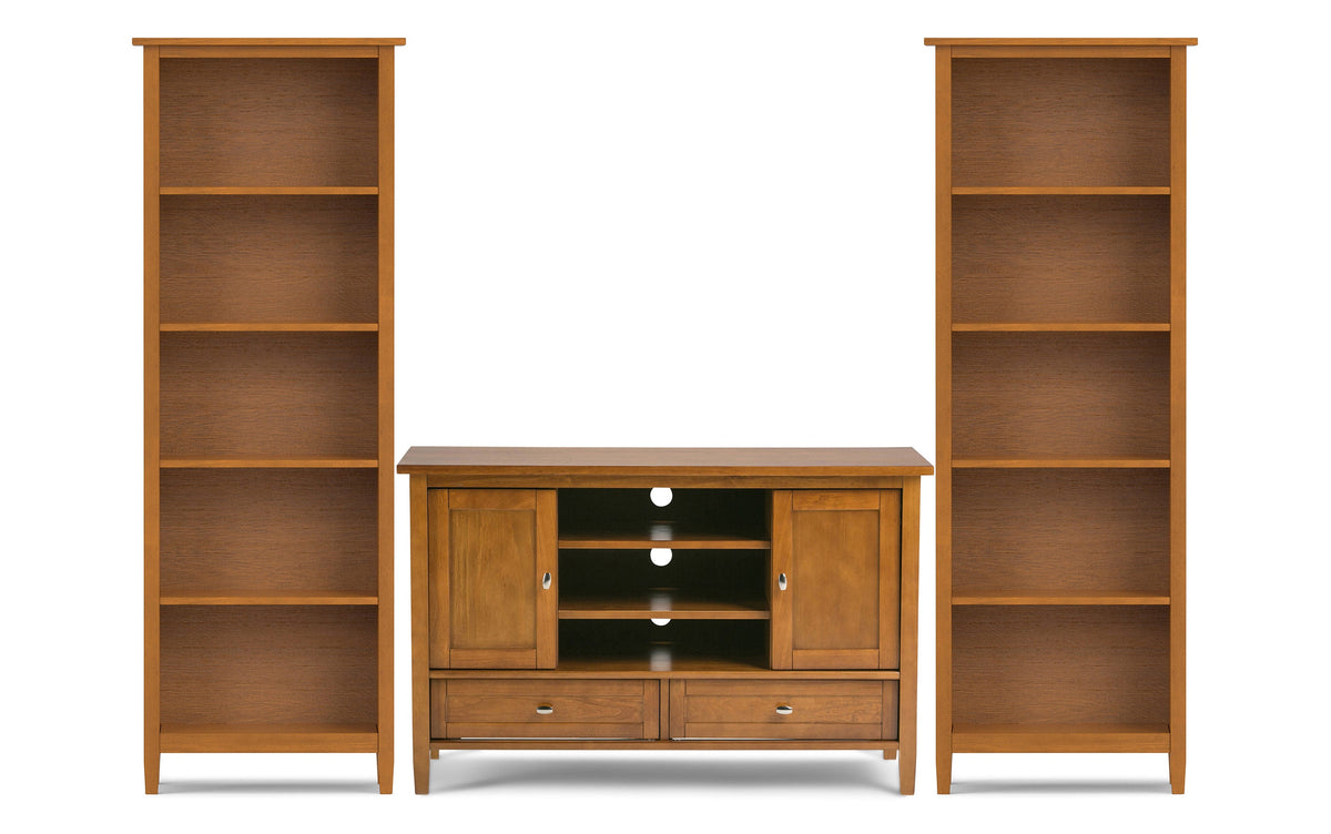 Light Golden Brown | Warm Shaker 47W Tall TV Stand with Set of Two 26W 5 Shelf Bookcases