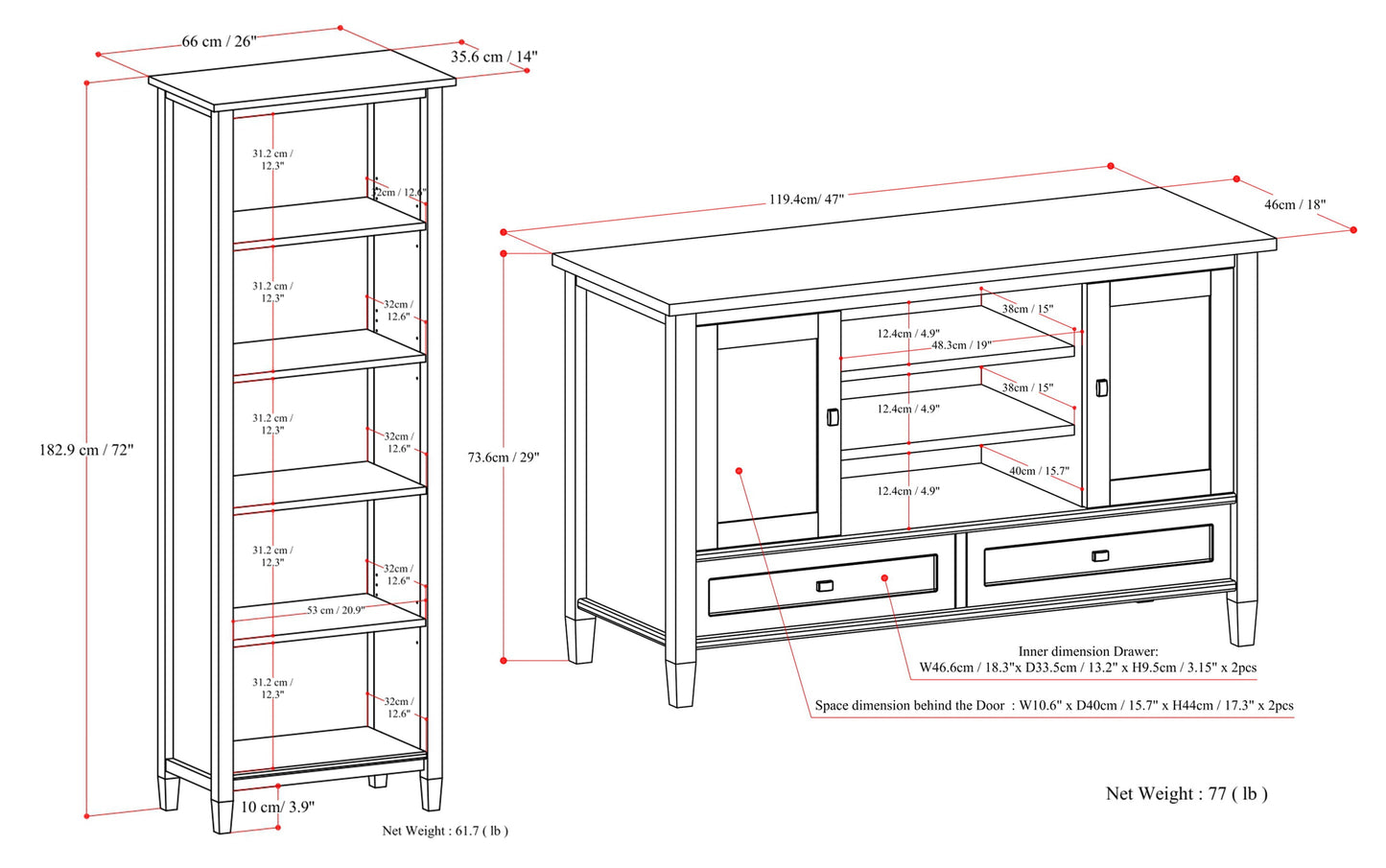 Brunette Brown | Warm Shaker 47W Tall TV Stand with Set of Two 26W 5 Shelf Bookcases