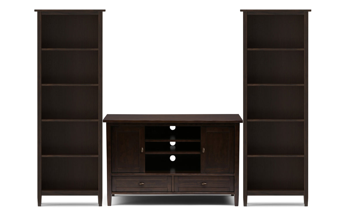 Brunette Brown | Warm Shaker 47W Tall TV Stand with Set of Two 26W 5 Shelf Bookcases