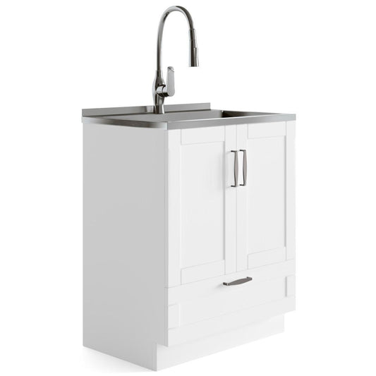 Pure White | Reed 28 inch Laundry Cabinet with Pull-out Faucet and Stainless Steel Sink