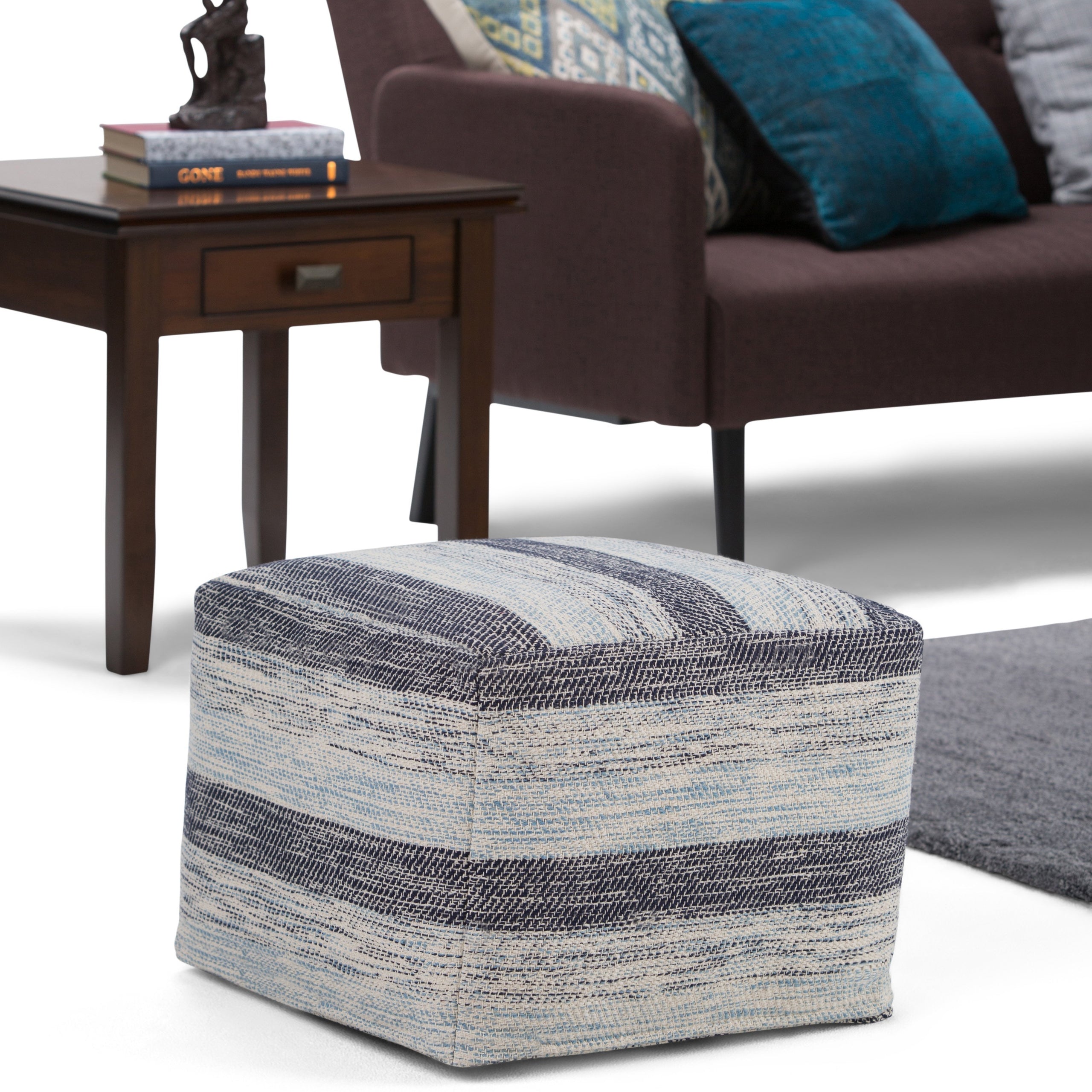 Dark Blue/Natural | Clay Patterned Square Pouf