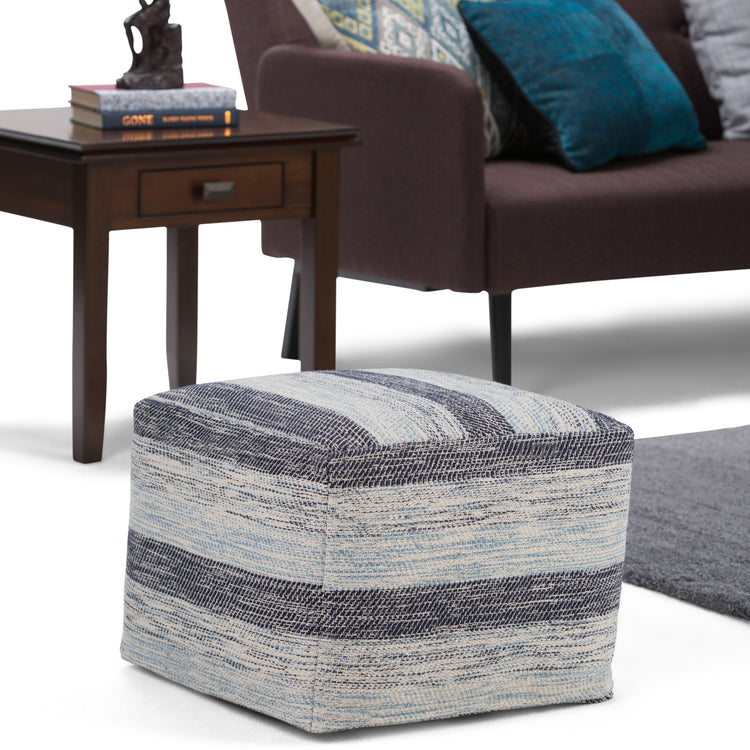 Dark Blue/Natural | Clay Patterned Square Pouf